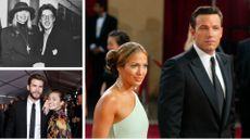 Collage of three celeb couples - Al Pacino and Diane Keaton, Miley Cyrus and Liam Hemsworth and Jennifer Lopez and Ben Affleck 