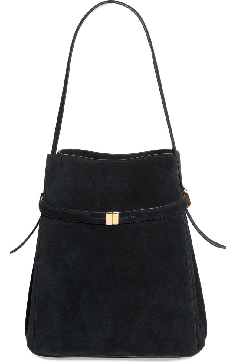 Belted Suede Bucket Bag