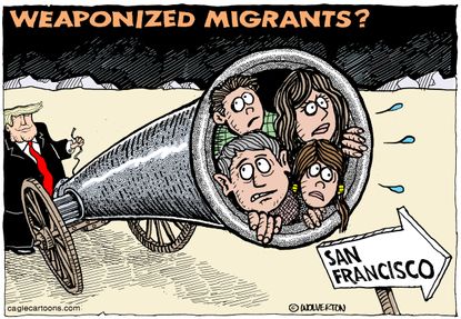 Political Cartoon U.S. Trump weaponized immigrants San Francisco