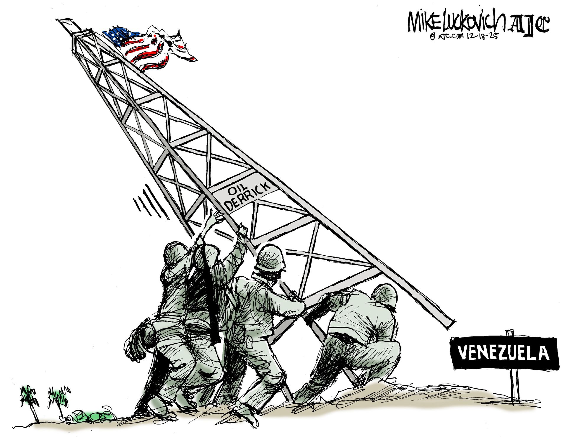 
                                This Mike Luckovich cartoon is a call-back to the classic image of U.S. soldiers raising an American flag on Iwo Jima during World War II. However, this version takes place in Venezuela and the soldiers are pushing up an oil derrick.
                            