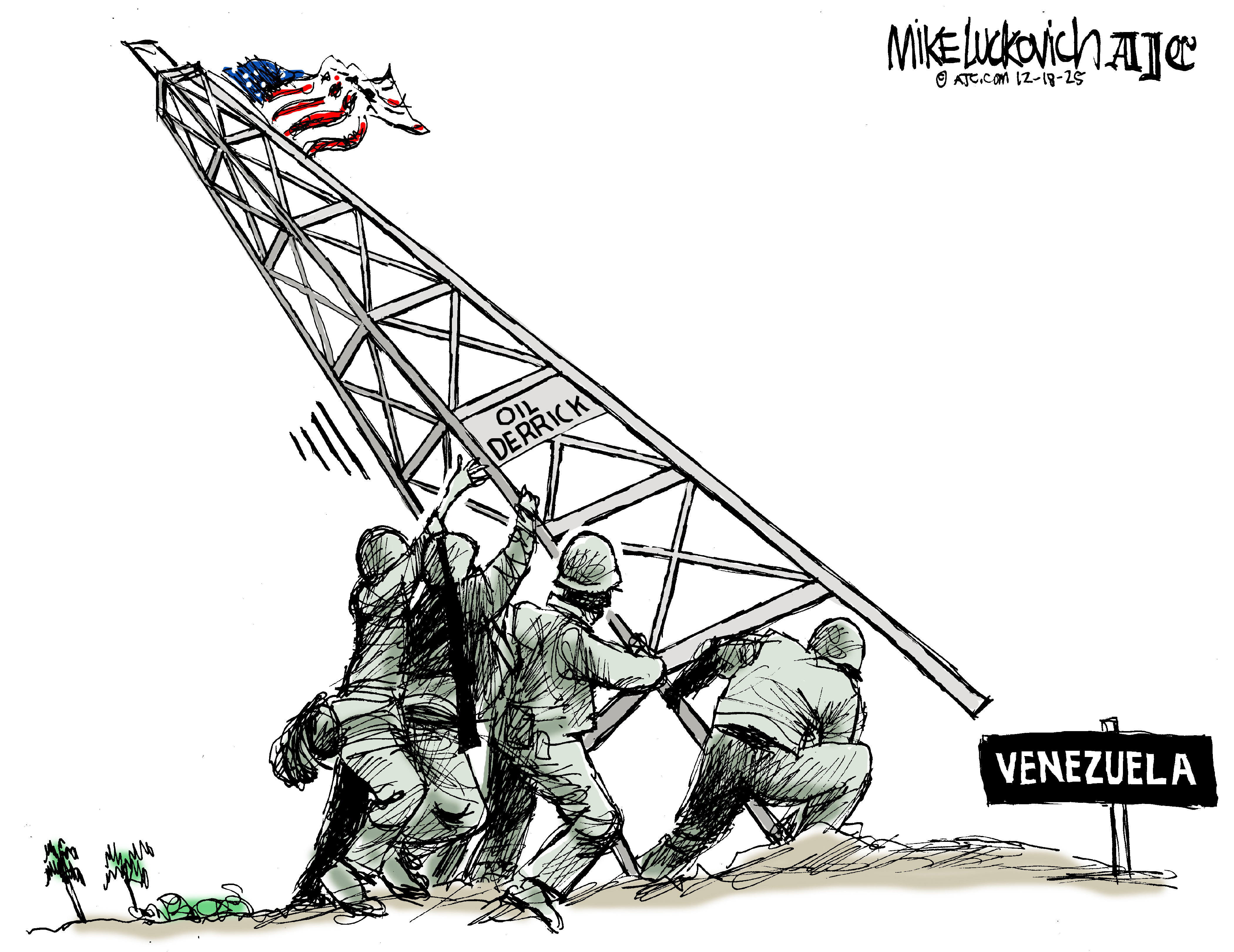 This Mike Luckovich cartoon is a call-back to the classic image of U.S. soldiers raising an American flag on Iwo Jima during World War II. However, this version takes place in Venezuela and the soldiers are pushing up an oil derrick.