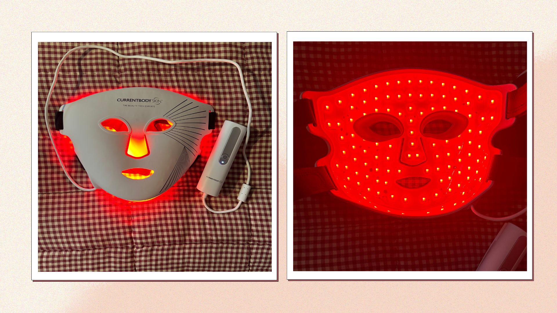 Two images of the Currentbody LED Face Mask: Series 2 switched on