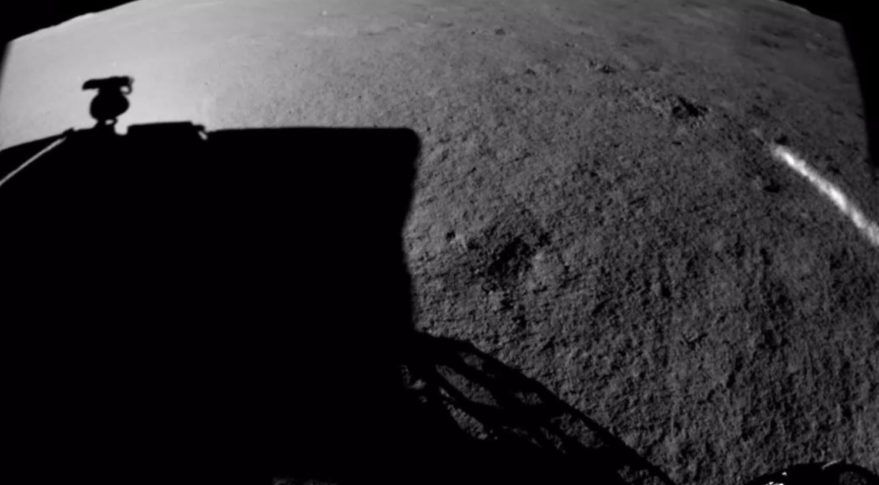 Image from Yutu-2 showing its shadow on the lunar regolith.