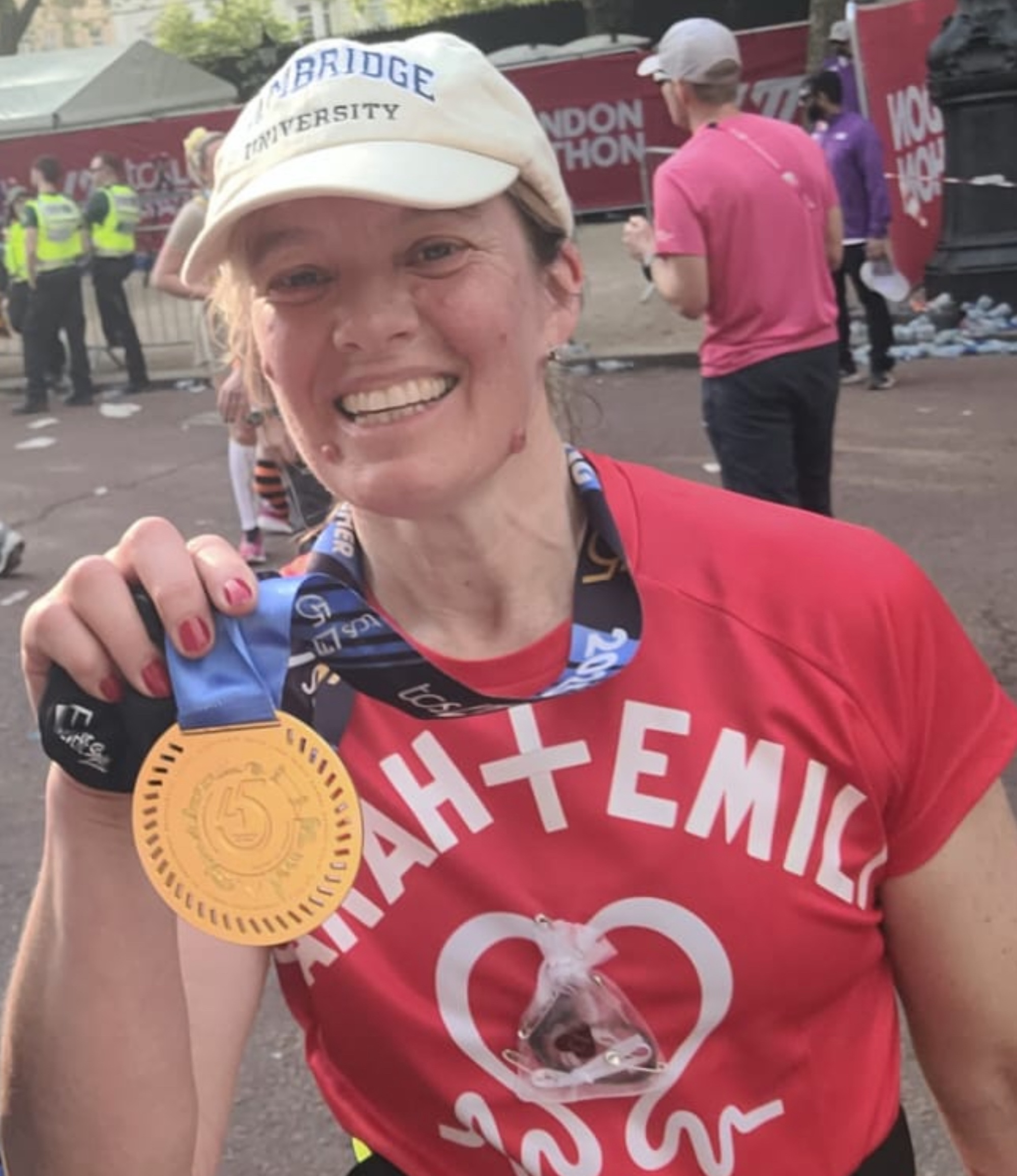 Sarah, pictured after running last year&amp;rsquo;s London Marathon. She always runs with a lock of her daughter&amp;rsquo;s hair over hear heart.