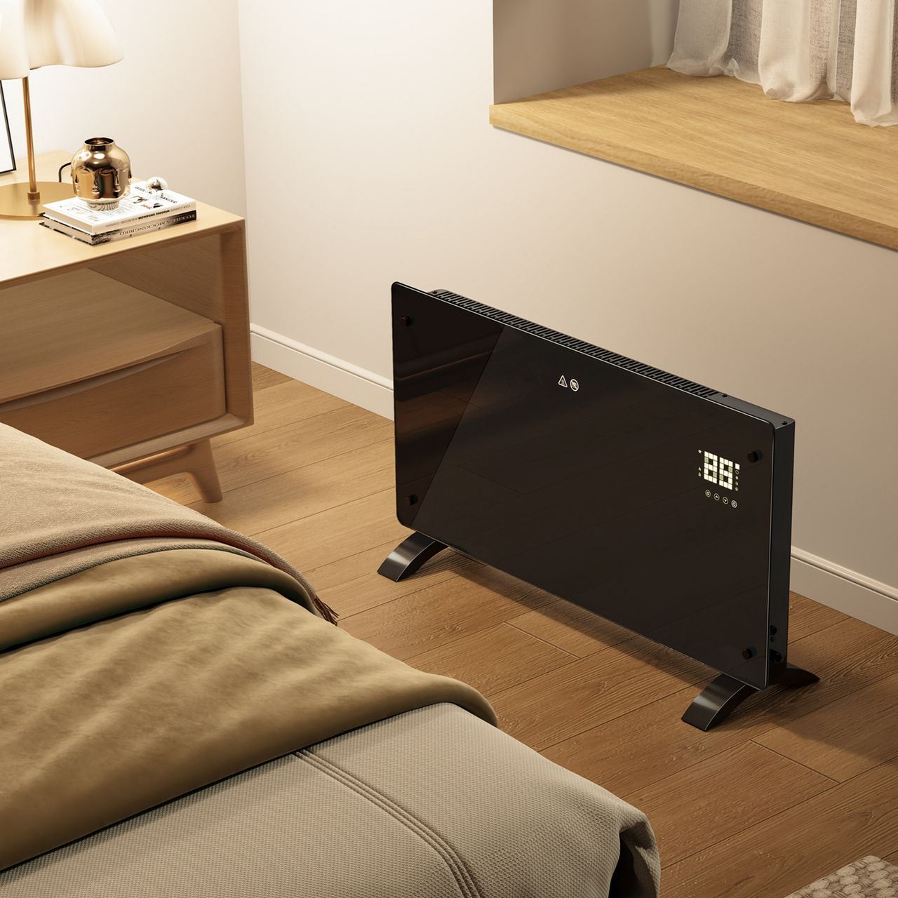 2000W smart panel electric heater from Vonhaus on the floor next to a bedside table in a bedroom