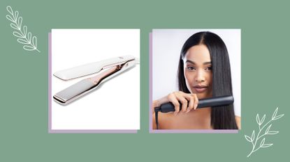 A collage of a pair of the best straighteners for curly hair plus a woman straightening hair hair on a green background