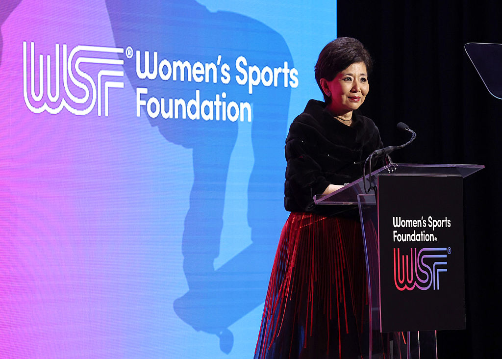 Michele Kang accepts the Billie Jean King Leadership Award onstage during the 2025 Women's Sports Foundation's Annual Salute To Women In Sports at Cipriani Wall Street on October 22, 2025 in New York City.