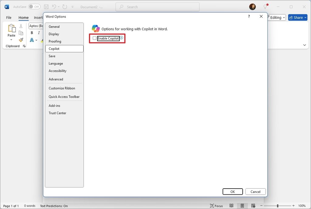 Microsoft Word disable Copilot