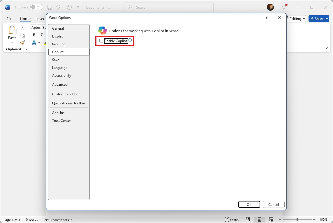 Microsoft Word disable Copilot