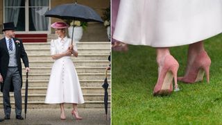 Composite of Zara Tindall at a Royal Garden Party wearing Emmy London heels with heel stoppers on