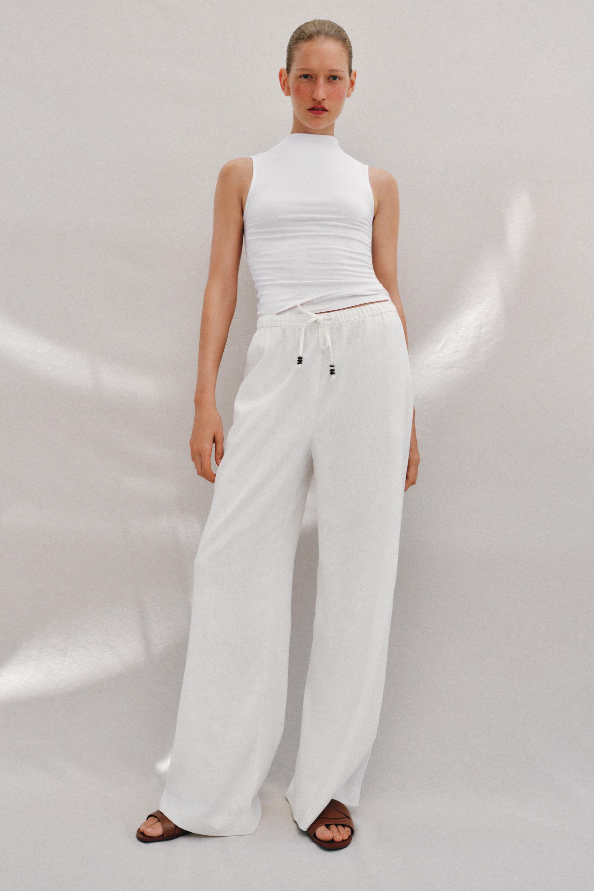 Linen Straight Leg Pants - White - Xs