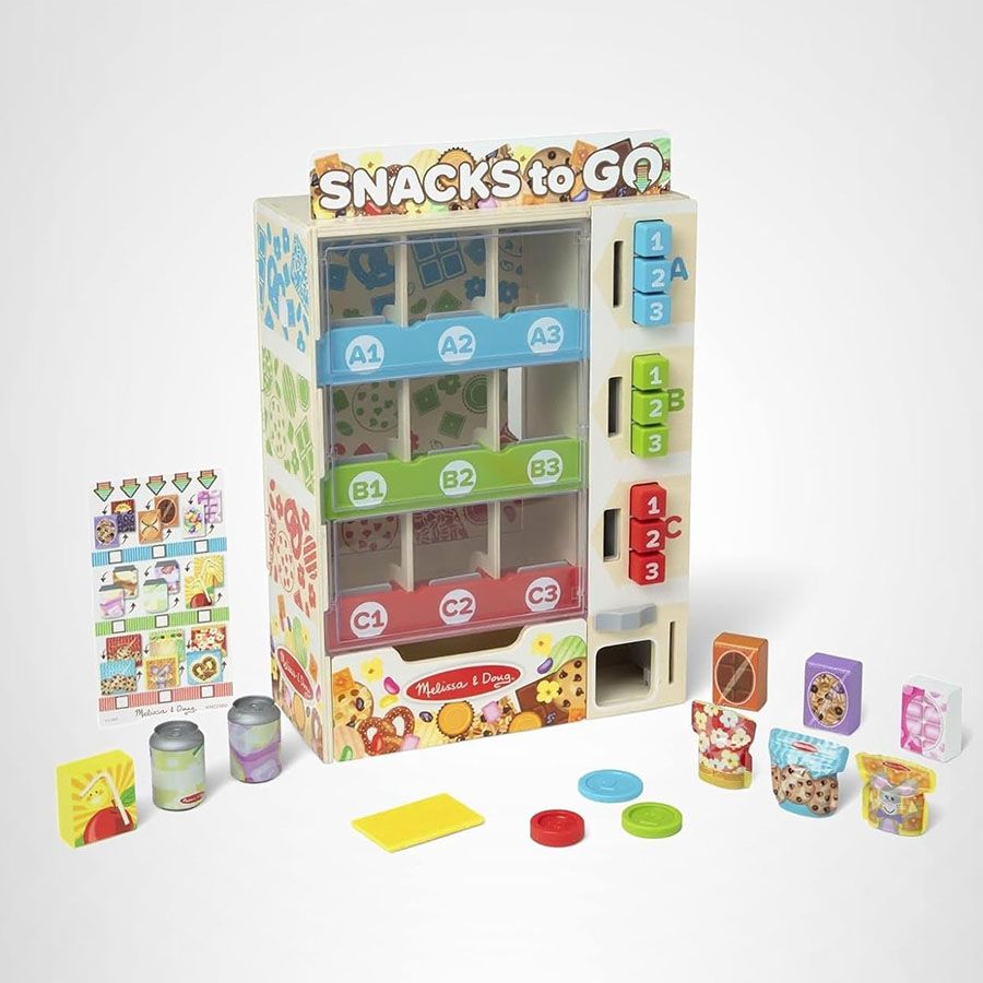 Melissa & Doug Sort-Stock-Select Wooden Vending Machine Toy With Play Food, Mini Vending Machine Toys & Play Money, Preschool Toys for Kids Ages 3+
