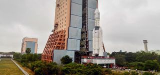 India's first Geostationary Satellite Launch Vehicle Mark-III rolls out to the launch pad for its maiden voyage in December 2014.