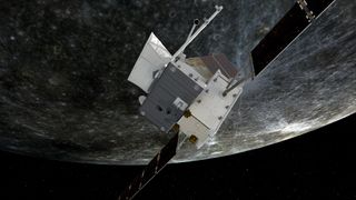 a cube-shaped spacecraft with two rectangular solar panels in orbit high above a rocky, crater-covered planet