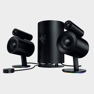 Razer Nommo Pro speakers with grey backdrop