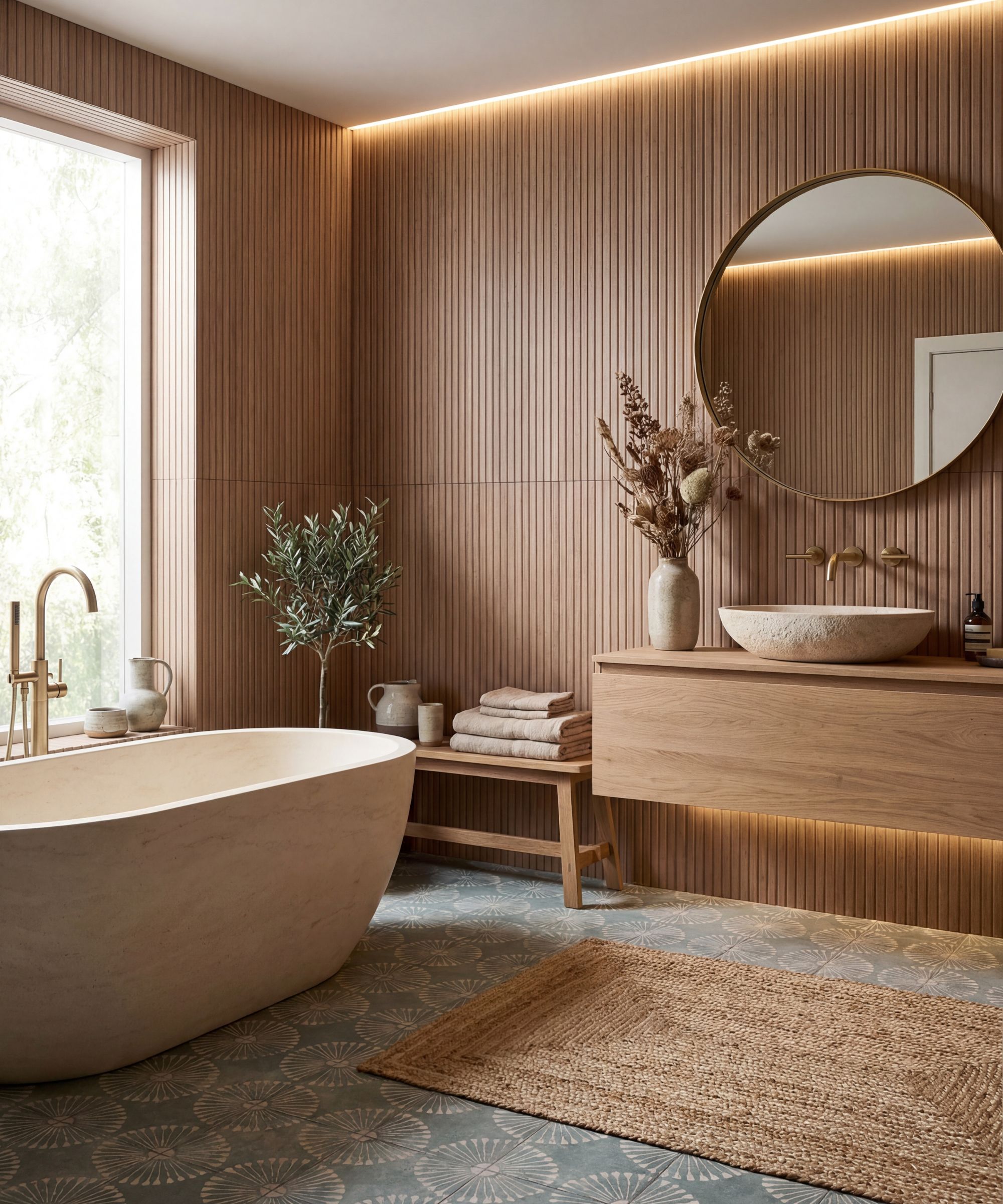 A luxurious Scandinavian-inspired bathroom with warm oak slat walls highlighted by a continuous LED cove, a stone freestanding oval bath with brass floor-mounted tap, and an oak floating vanity with a stone vessel basin and round brass mirror. A patterned encaustic tile floor, jute rug and dried floral arrangement complete the natural, serene scheme.
