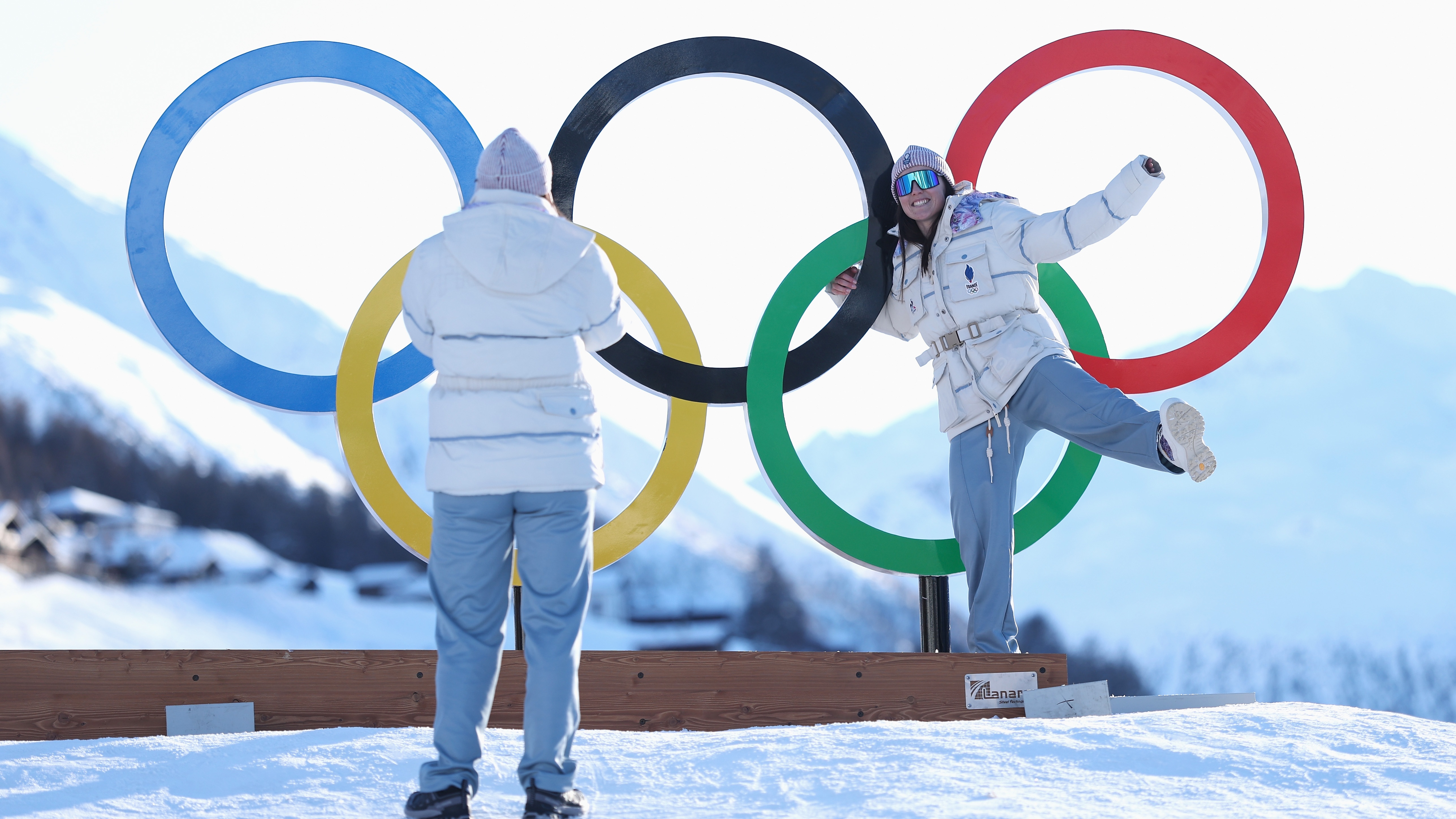 French athletes pose in front of Olympics Rings on February 01, 2026 in Livigno, Italy. The Milano Cortina 2026 Winter Olympics commence on February 6th, 2026. 