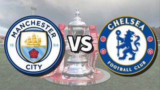 Man City vs Chelsea football club logos over an image of the FA Cup Trophy