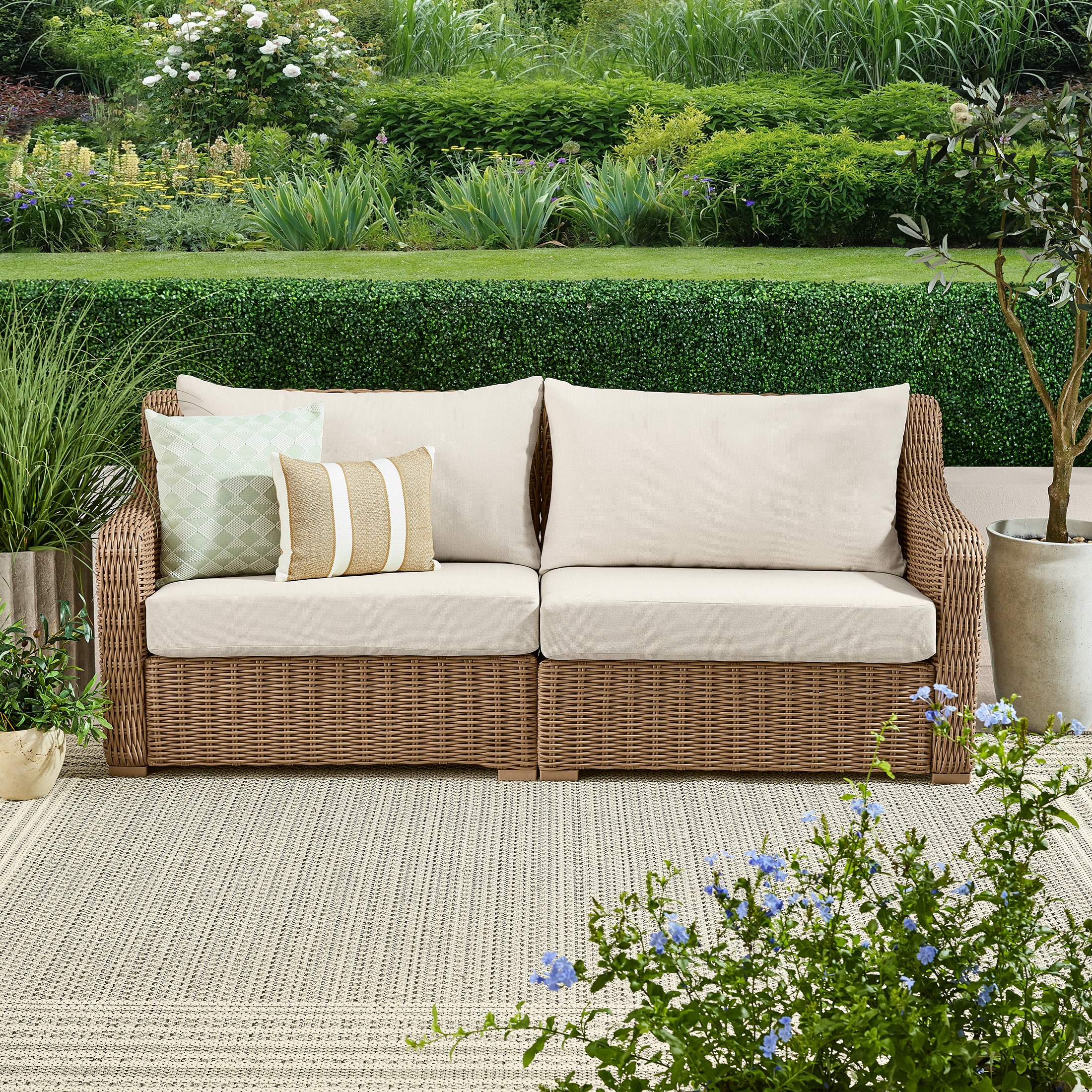 Better Homes &amp;amp; Gardens Bellamy Outdoor 1pc Sofa, Tan Wicker/cream Cushion