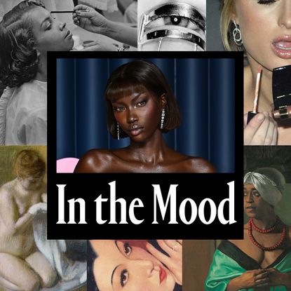 A picture of Anok Yai in the middle of a collage of women with white text below that says "in the mood"