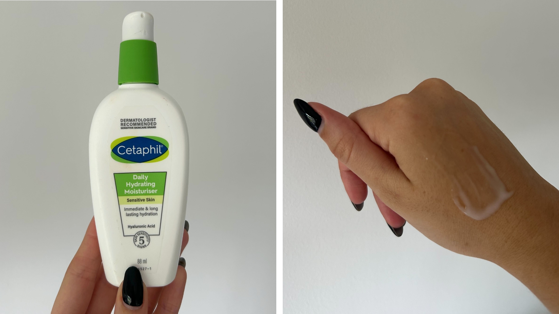 Collage of Cetaphil Daily Hydrating Moisturiser testing pics (L-R) Hand holding the Cetaphil Daily Hydrating Moisturiser and swatch of the moisturiser on the back of hand