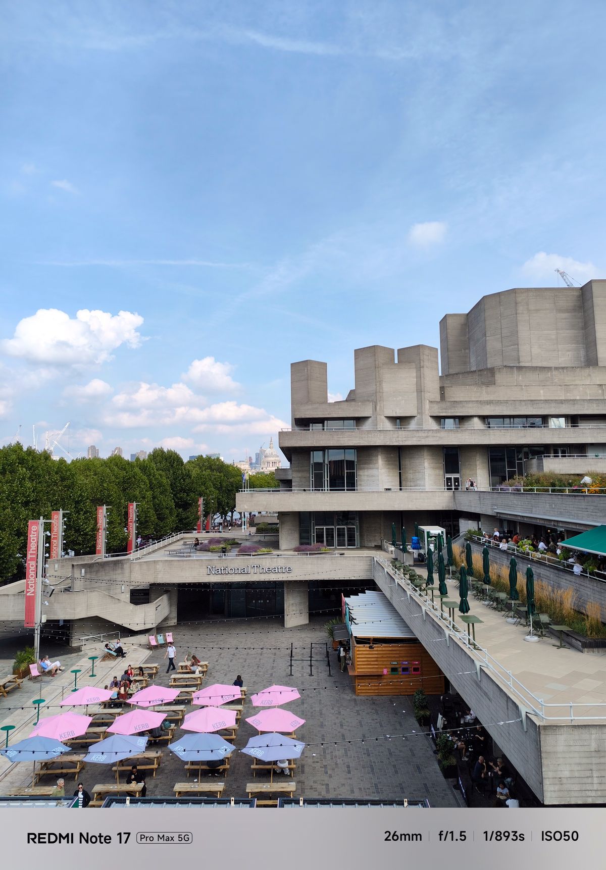 View across the National Theatre complex in London, with outdoor seating, colorful umbrellas and St Paul&rsquo;s Cathedral visible in the distance.