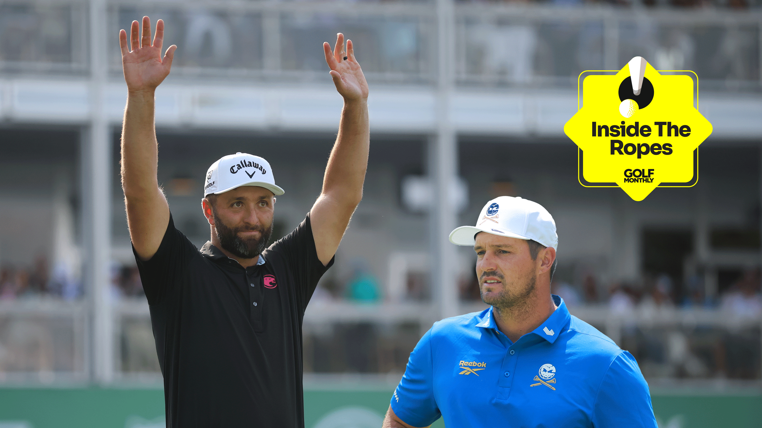 (Left) Jon Rahm puts his hands up above his head, bust shot of Bryson DeChambeau (right) and the Inside The Ropes sticker (top right)