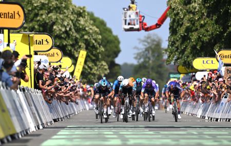 BERGERAC, FRANCE - JULY 11: (L-R) Stage winner Tim Merlier of Belgium and Team Soudal Quick-Step, Biniam Girmay of Eritrea and Team NSN Cycling, Pascal Ackermann of Germany and Team Jayco AlUla and Pavel Bittner of Czech Republic and Team Picnic PostNL sprint at finish line during the 113th Tour de France 2026, Stage 8 a 180.4km stage from Perigueux to Bergerac / #UCIWT / on July 11, 2026 in Bergerac, France. (Photo by Tim de Waele/Getty Images)