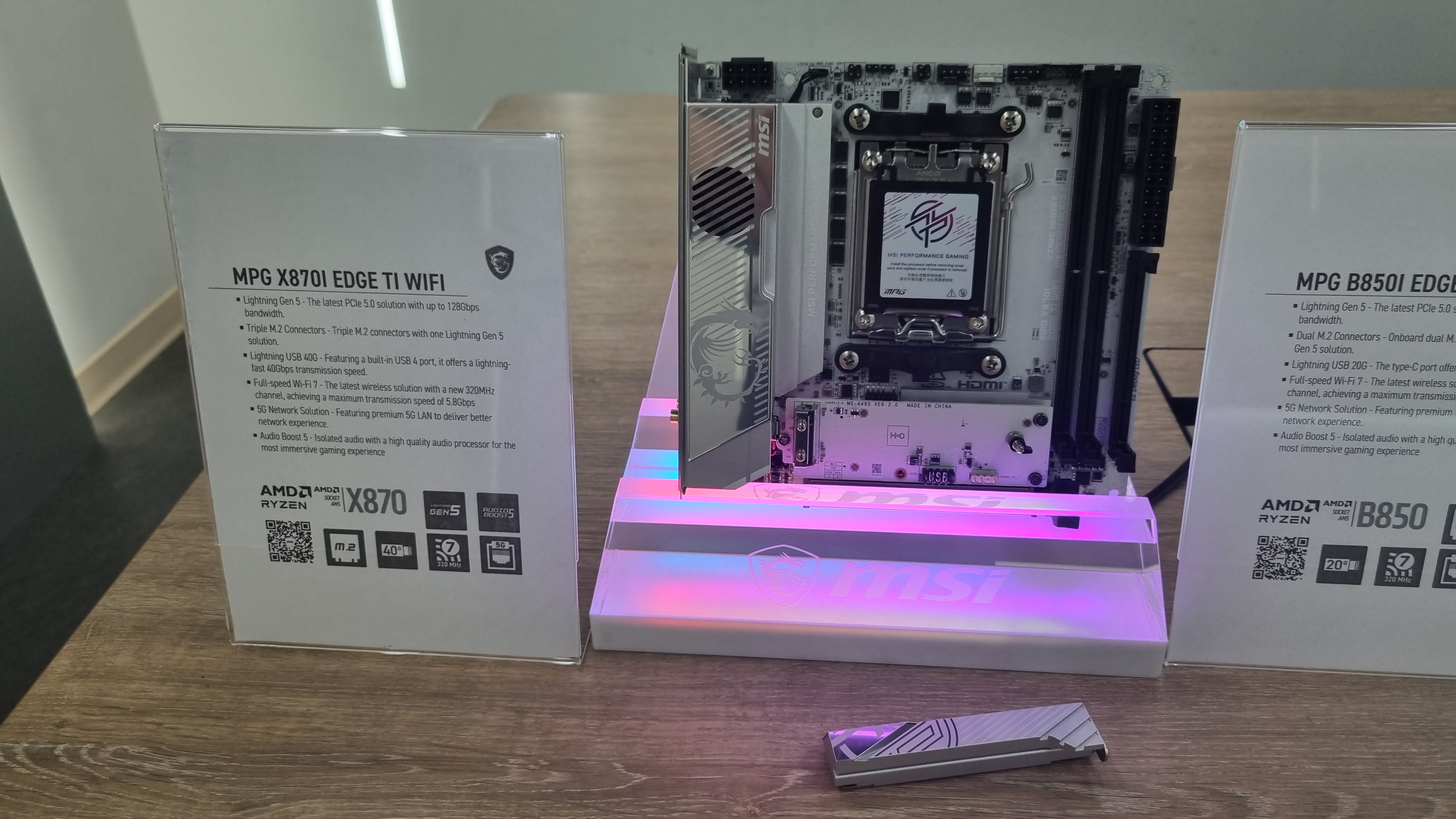 MSI Mini-ITX motherboards, displayed under RGB lighting
