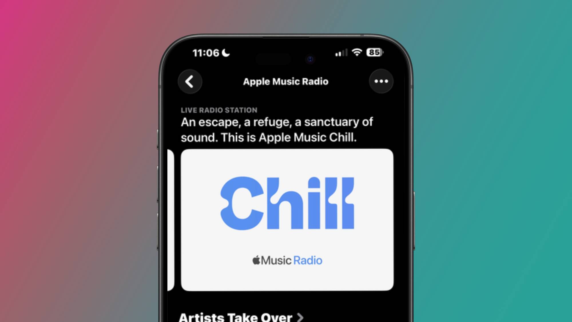 A screenshot of Apple Music Chill radio station in the Apple Music app