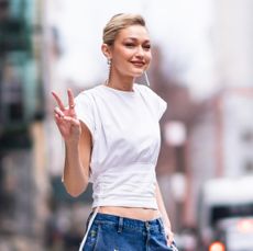 Gigi Hadid in a tee shirt and jeans in New York.