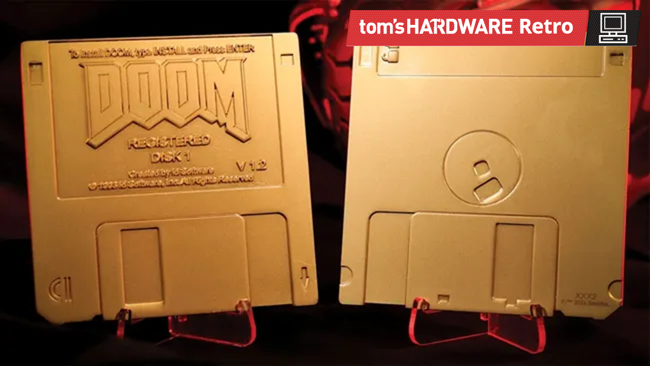 Commemorative golden Doom floppy disks go up for pre-order — pair of limited edition dummy ‘imitation gold plating’ disks and a box are $30 at GameStop