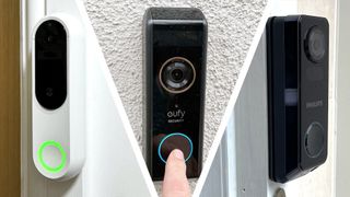 Montage of three video doorbells mounted beside doors