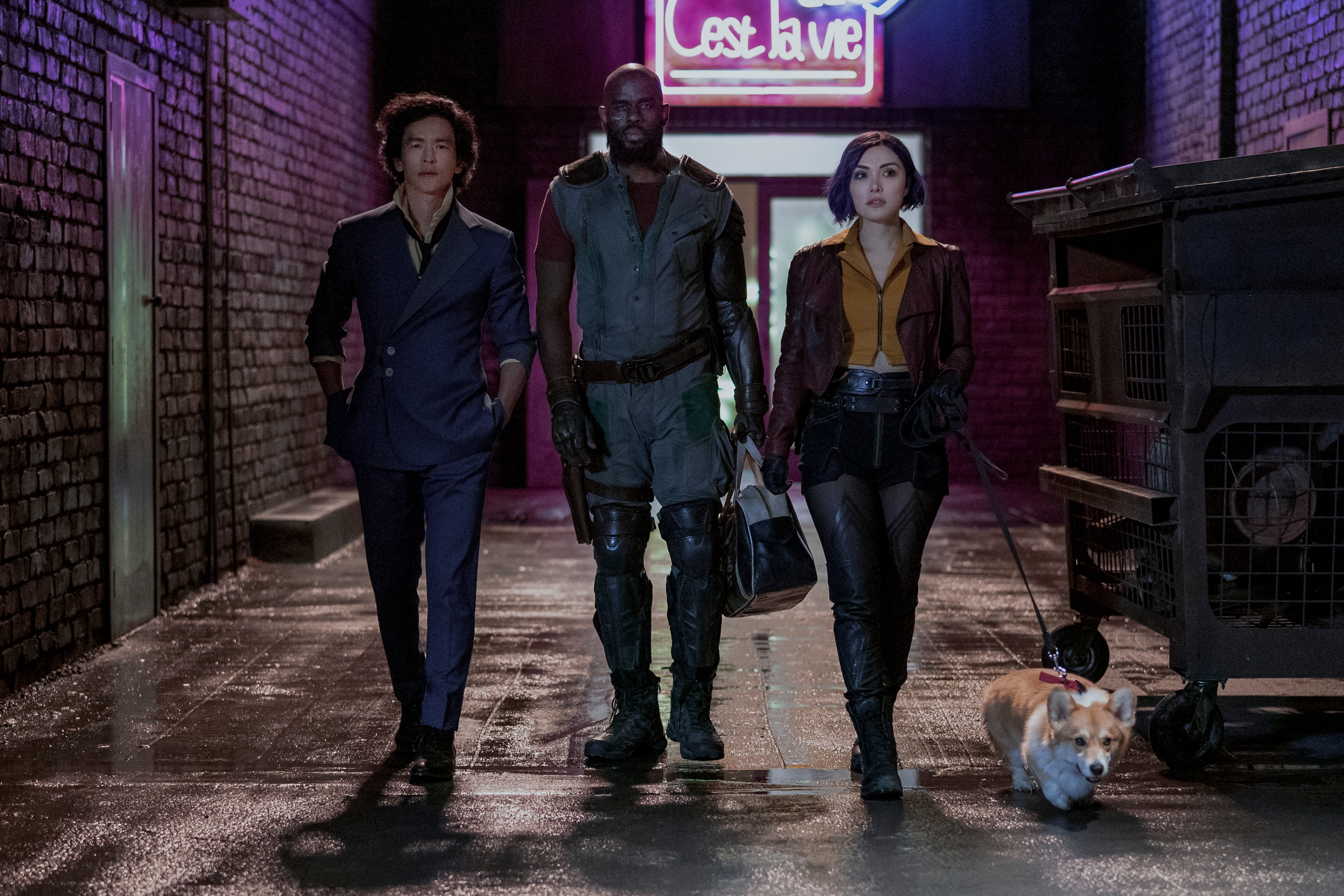 (L to R) JOHN CHO as SPIKE SPIEGEL, MUSTAFA SHAKIR as JET BLACK, DANIELLA PINEDA as FAYE VALENTINE and EIN in Cowboy Bebop