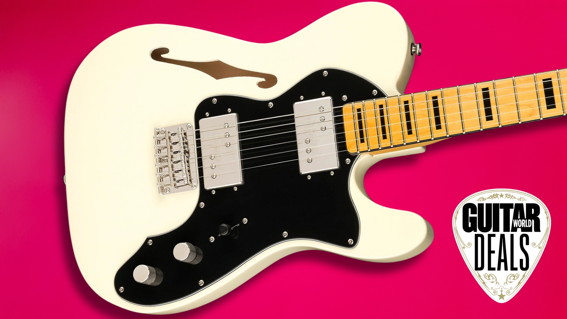 A Squier Classic Vibe 70s Telecaster Thinline electric guitar on a pink background