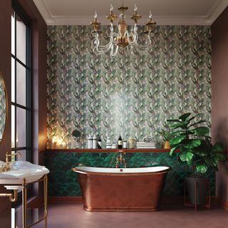 traditional bathroom ideas with otto tiles, copper bath and chandelier