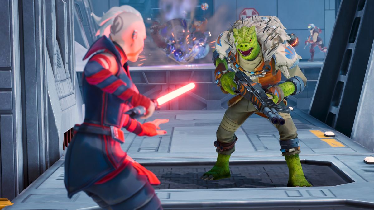 A Sith woman with a red lightsaber battling a green alien bounty hunter in Star Wars: Hunters 