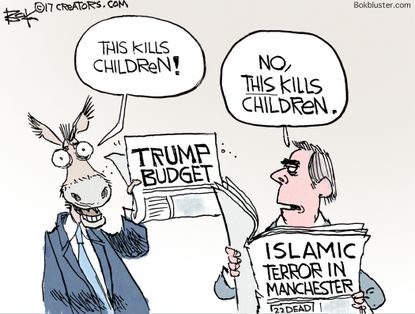 Political cartoon U.S. Trump budget health care AHCA Manchester