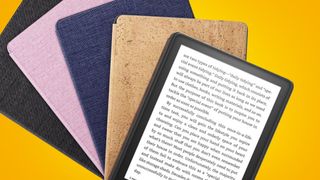 A fan of Amazon Kindle Paperwhite ereaders on an orange background