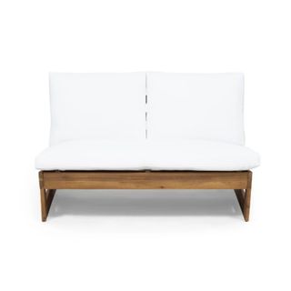 Christopher Knight Home Sherwood Outdoor Acacia Wood Loveseat with white cushions