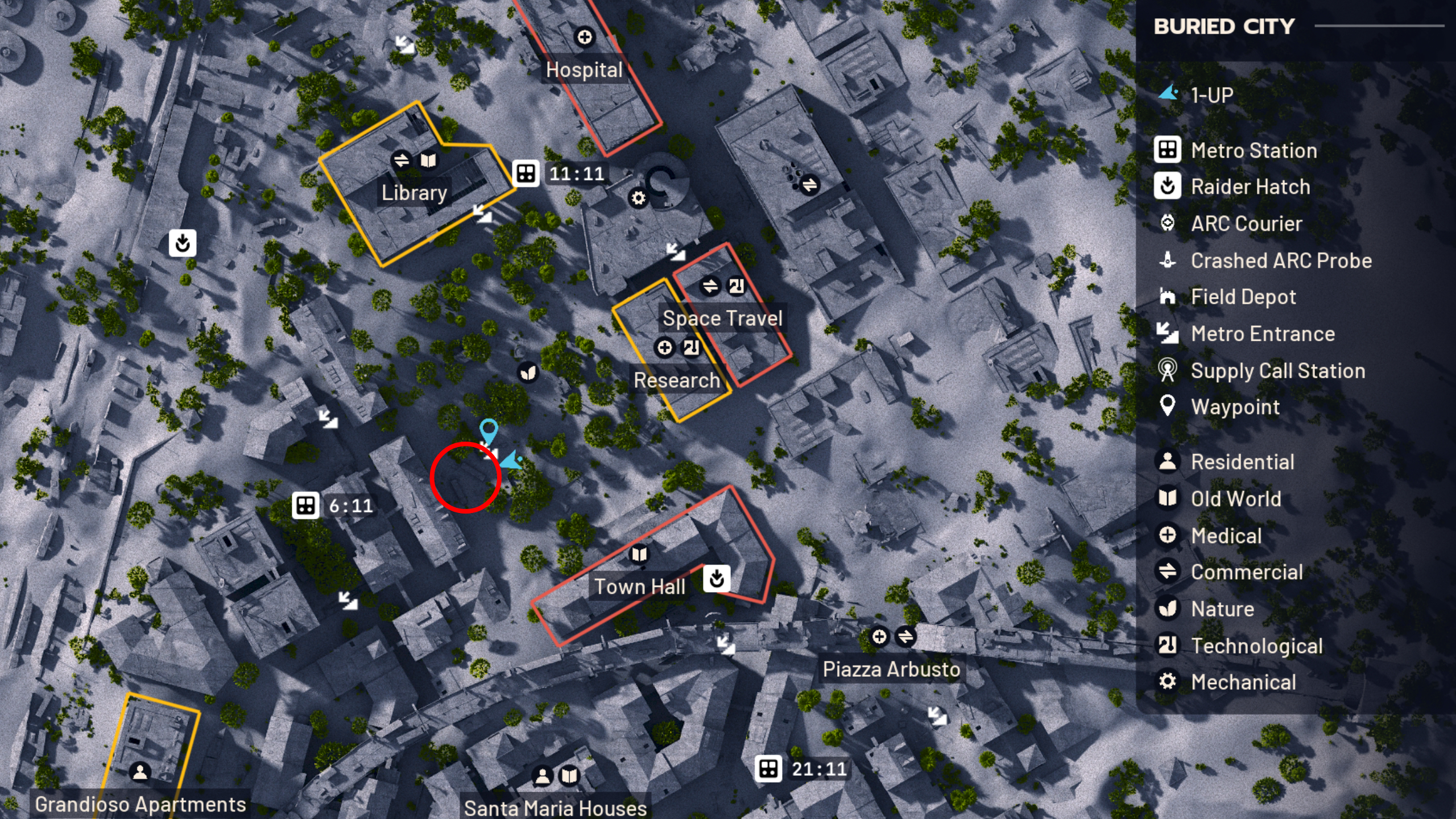 Arc Raiders Combat Recon: A map with a red circle highlighting Marano Park in the Buried City.