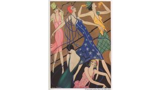 A fashion illustration showing models wearing various party dresses. Date: 20th June 1928