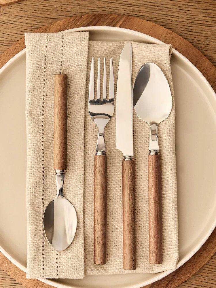 Next, 16 Piece Silver Wood Handle Cutlery Set