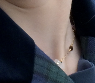 A closeup of Princess Charlotte wearing a crystal necklace and blue and green plaid coat