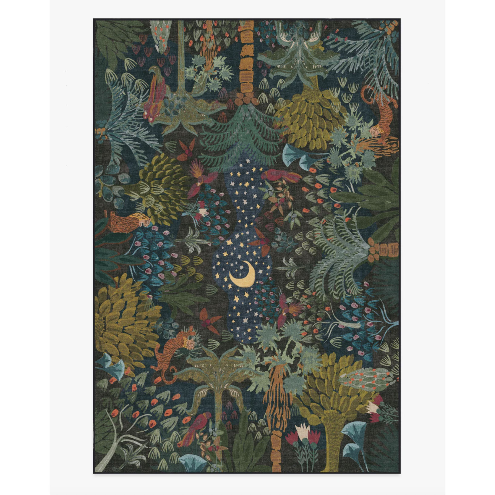 rug with tropical tree and night sky motif