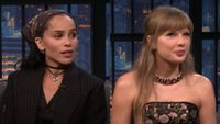 From left to right: A side by side of Zoe Kravitz and Taylor Swift during their respective Late Night appearances.
