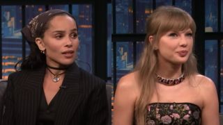 From left to right: A side by side of Zoe Kravitz and Taylor Swift during their respective Late Night appearances. 