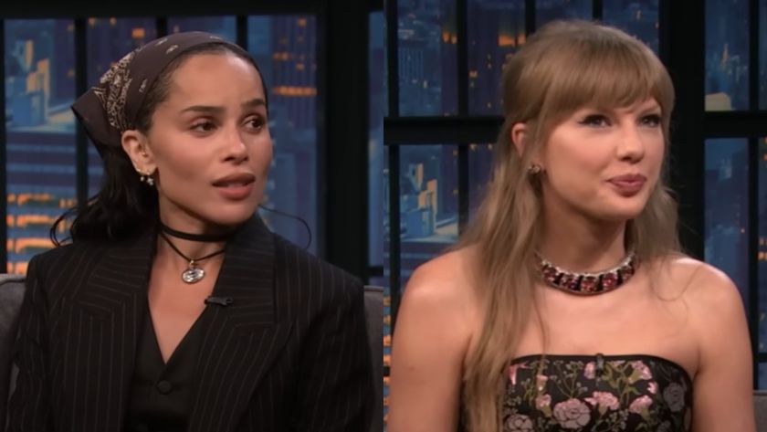From left to right: A side by side of Zoe Kravitz and Taylor Swift during their respective Late Night appearances. 