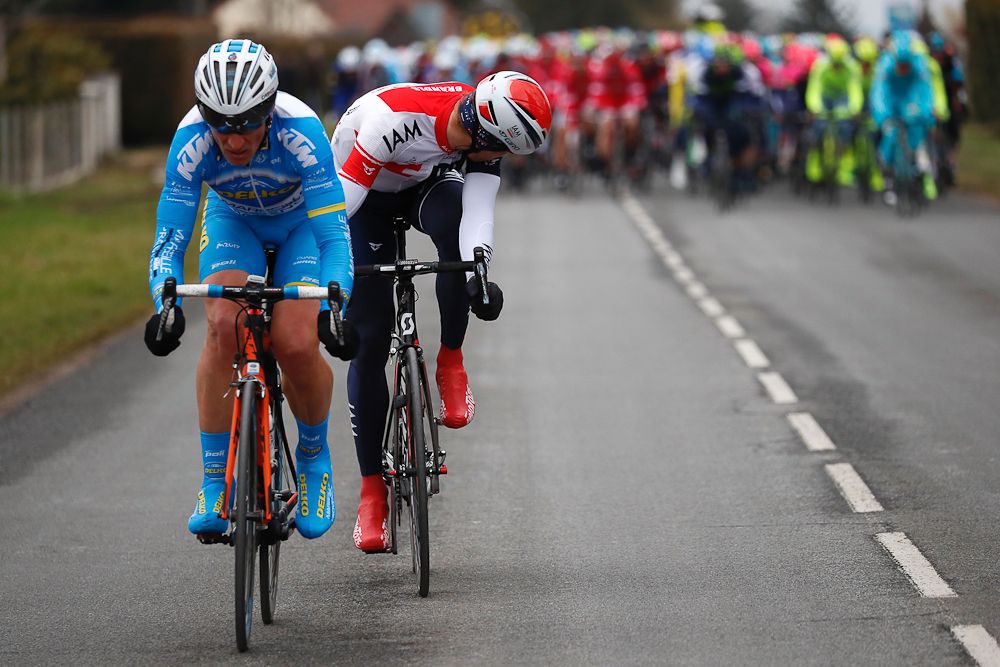 Evaldas Siskevicius (R) and Austria's Matthias Brandle ride in a breakaway during the second stage of Paris-Nice.