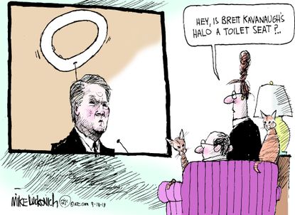 Political cartoon U.S. Brett Kavanaugh hearings sexual assault allegation halo toilet seat